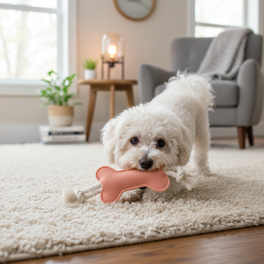 Pink felt knot bone dog toy with rope ends