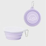 Purple foldable pet travel bowl set with stacked bowls and hanging metal clip