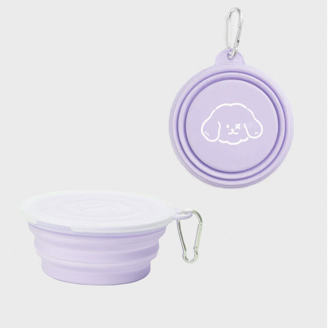 Purple foldable pet travel bowl set with stacked bowls and hanging metal clip