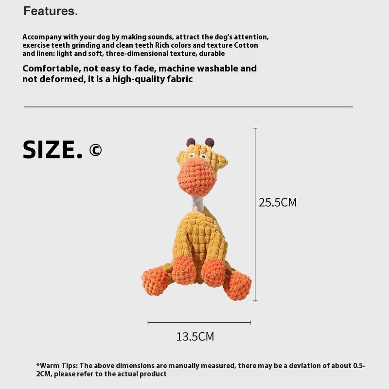 Plush dog toy size diagram: 25.5 cm tall, 13.5 cm wide, multicolor body.