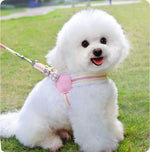 Breathable dog chest harness with pink heart pad and striped leash, on small white dog