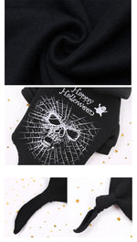 Black fleece dog hoodie sweater fabric and Happy Halloween spiderweb skull design detail