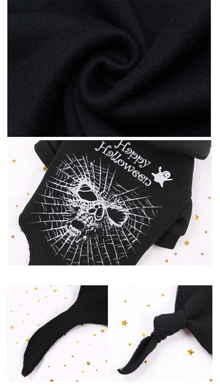 Black fleece dog hoodie sweater fabric and Happy Halloween spiderweb skull design detail