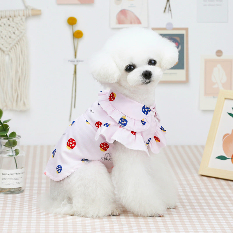 White pet shirt with ruffle collar and red/blue mushroom pattern for small dogs