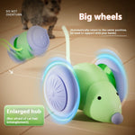 Green cat teaser mouse toy with large wheels and visible hub for automatic return