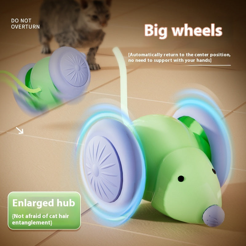 Green cat teaser mouse toy with large wheels and visible hub for automatic return