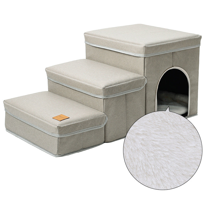 Beige padded dog stairs with three steps and a side cave bed, round side pad