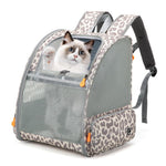 Pet backpack with leopard-print trim, grey mesh sides, and front zipper pocket