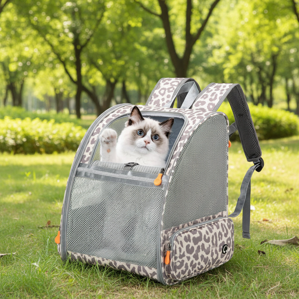 Breathable pet backpack with mesh panels and leopard-print trim, grey