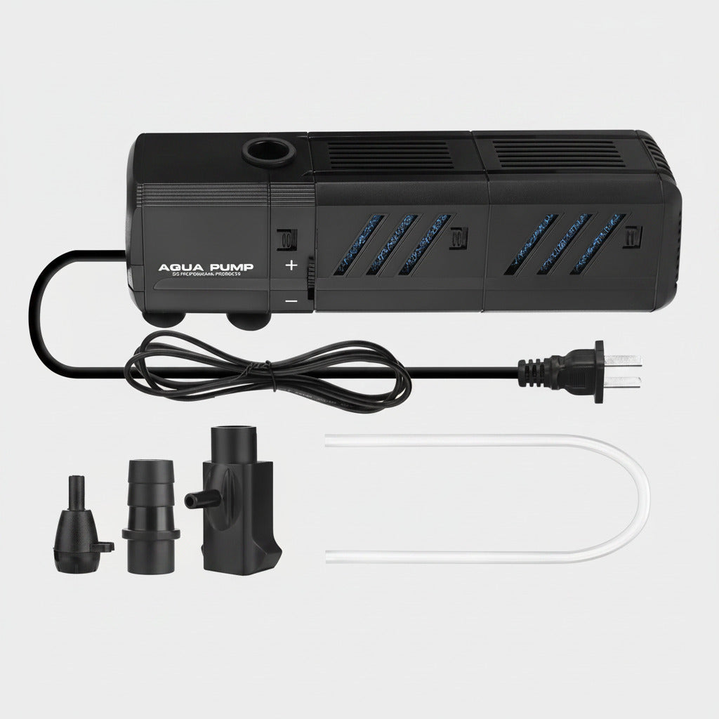 Black internal filter pump with media cartridges; included hoses and nozzle adapters