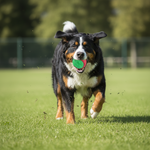 Squeaky training ball dog toy, green ball with red accents