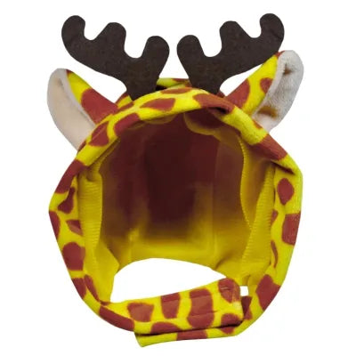 Yellow-and-brown spotted pet hat with antlers and red interior