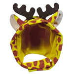 Yellow-and-brown spotted pet hat with antlers and red interior