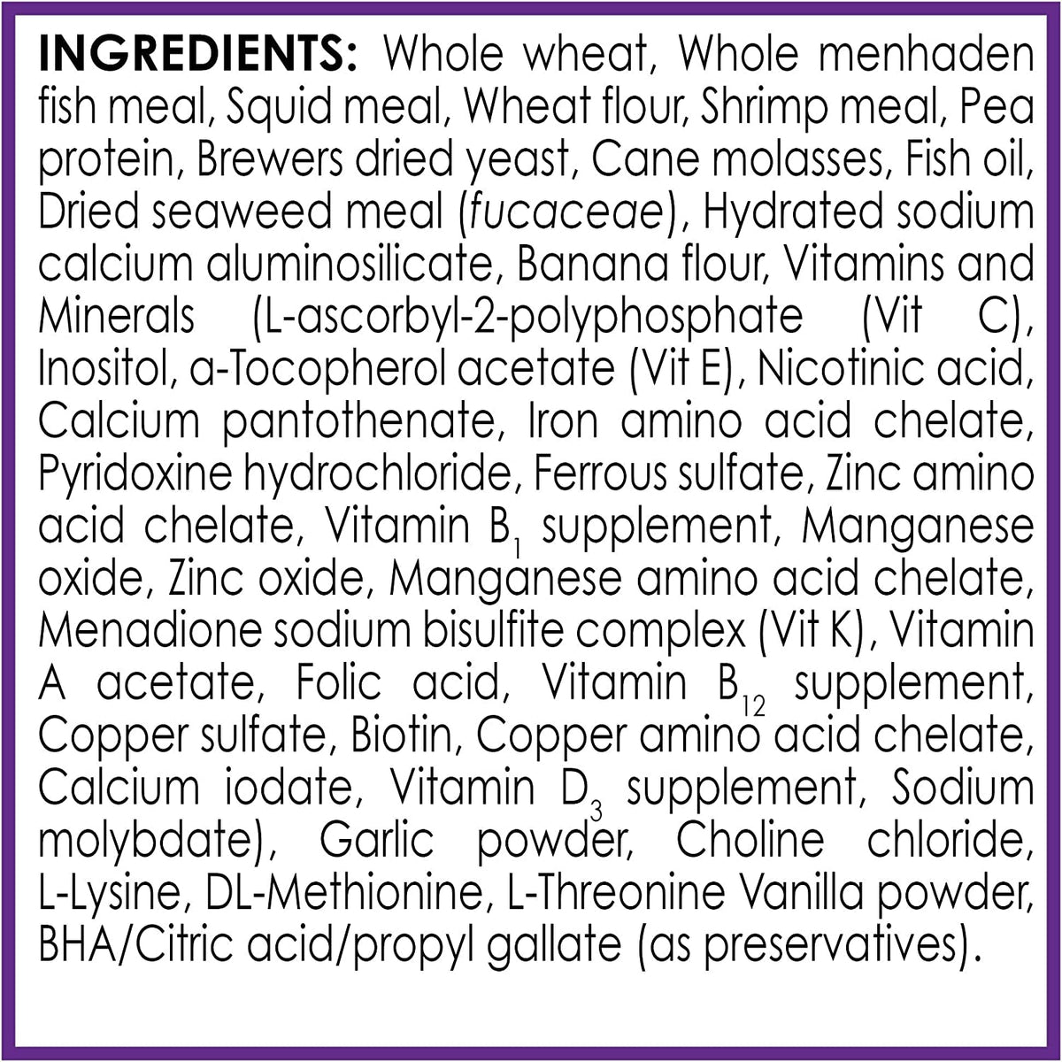 Ingredients label panel with long list text for fish food