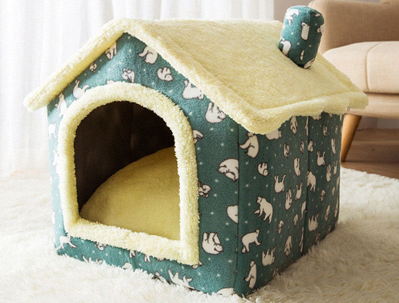 Green animal-print plush pet house bed with yellow trim and front entrance opening