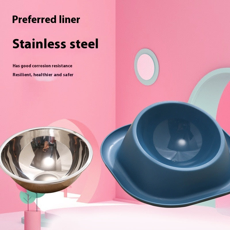 Blue tilted cat food bowl with stainless steel inner dish