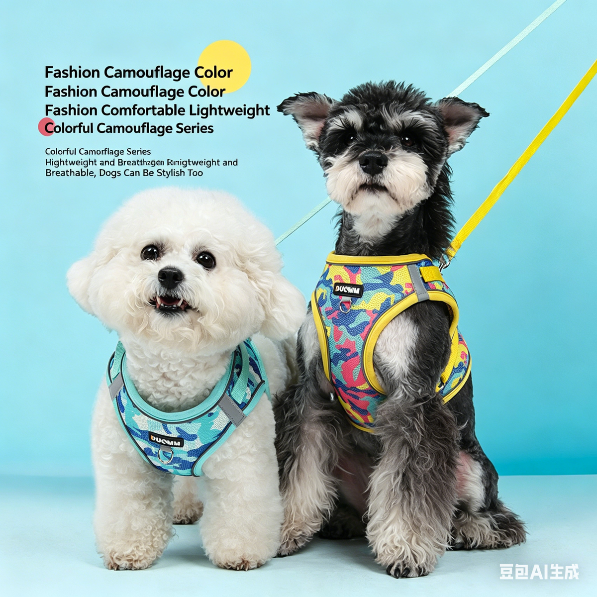 Two dogs wearing camouflage reflective harnesses with leashes, blue and yellow sets