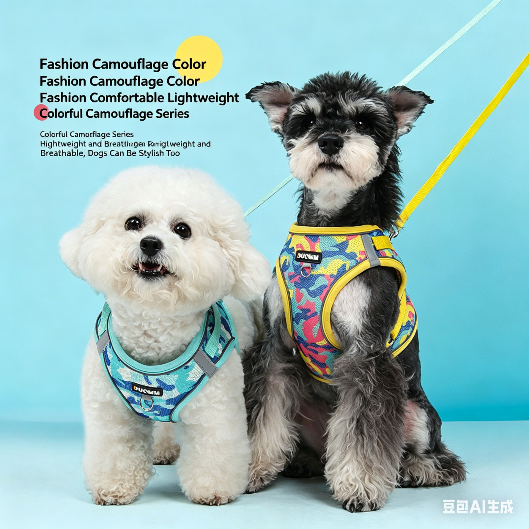 Two dogs wearing camouflage reflective harnesses with leashes, blue and yellow sets