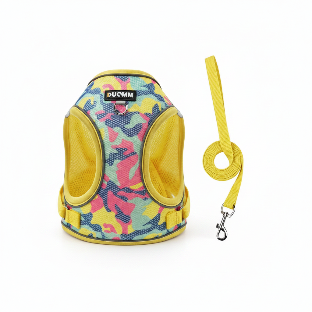 Yellow camouflage dog harness with reflective piping and matching leash