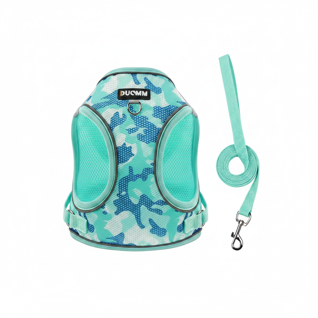 Blue camouflage dog harness with reflective side panels and matching leash