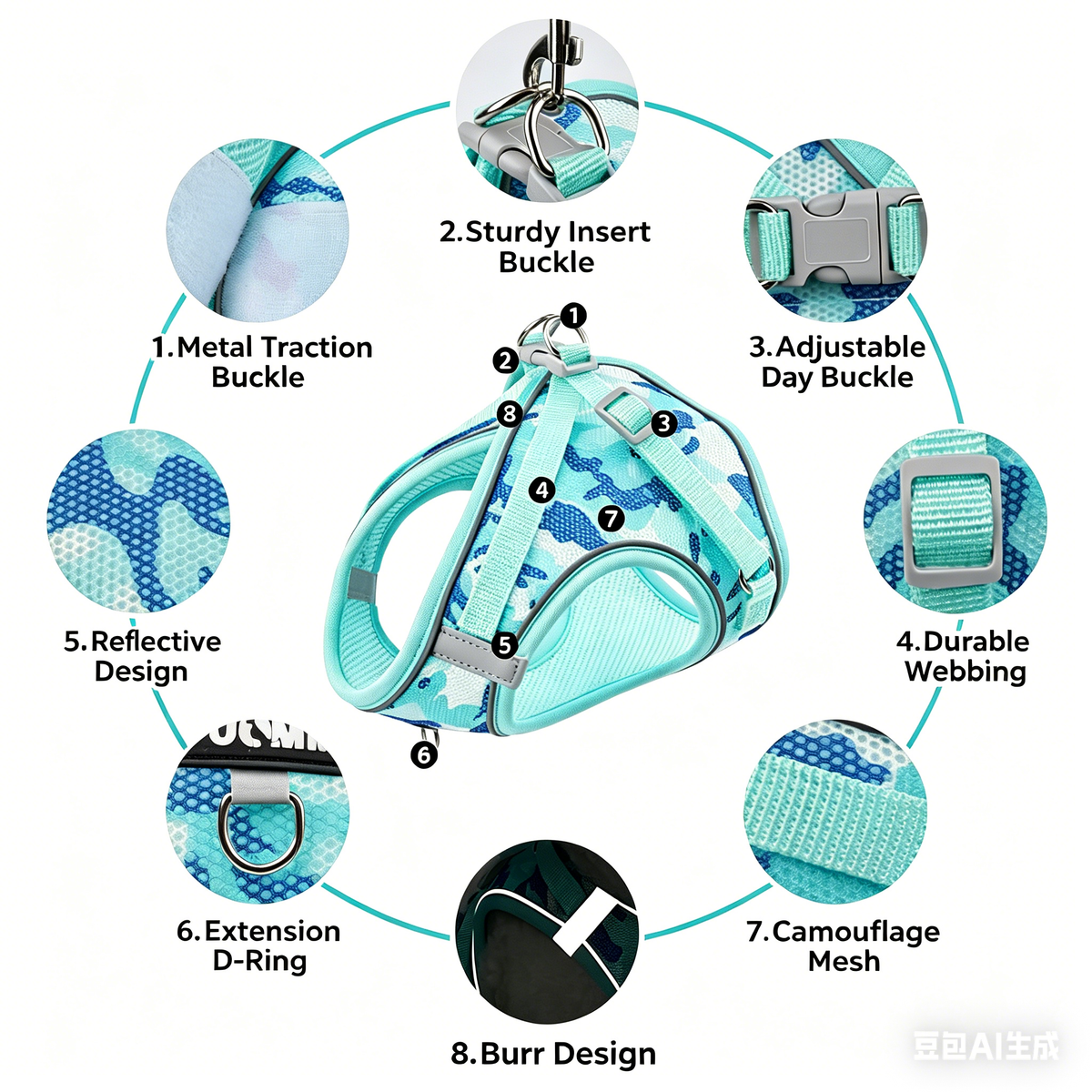 Camouflage dog harness feature diagram: reflective design, buckles, mesh, D-ring