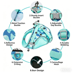 Camouflage dog harness feature diagram: reflective design, buckles, mesh, D-ring
