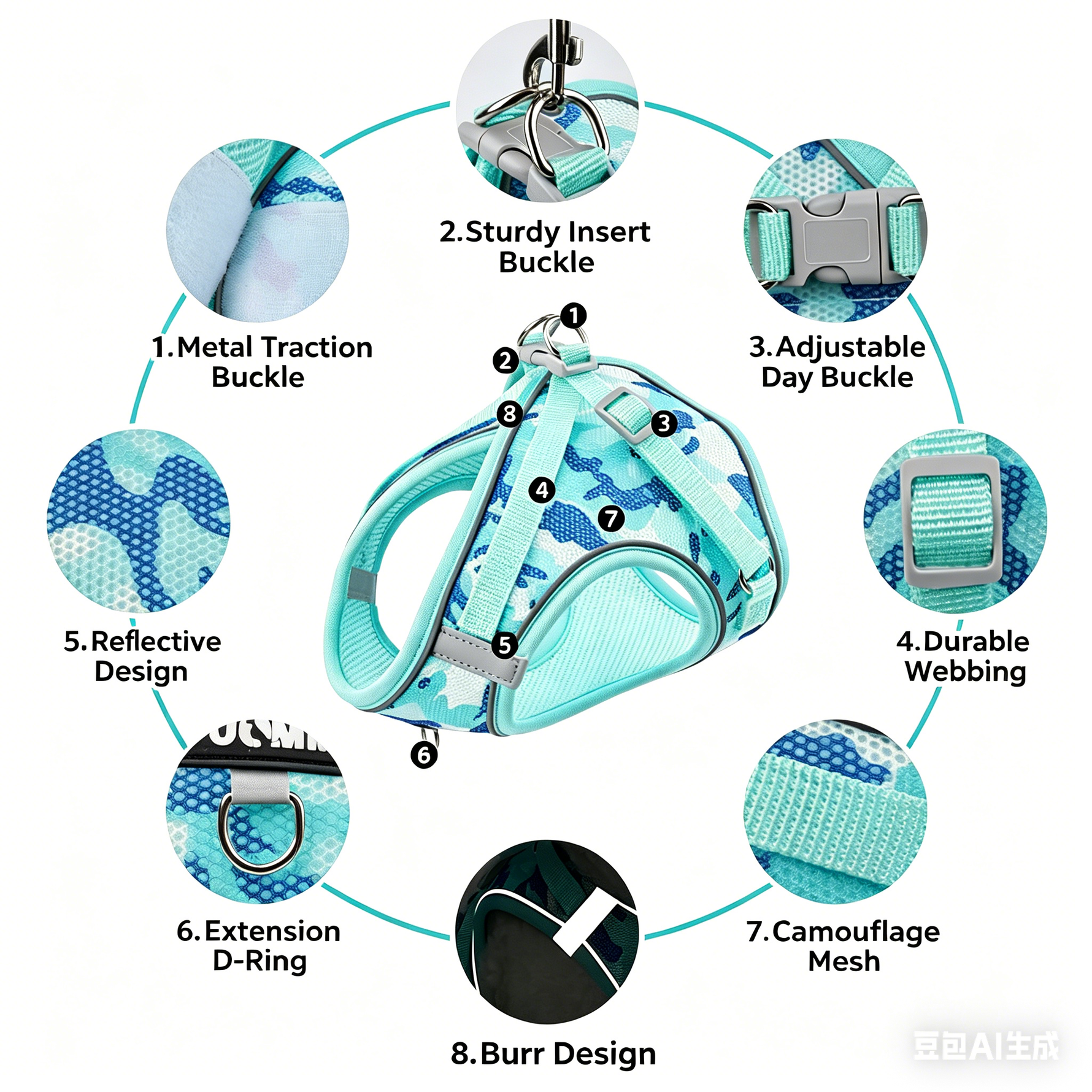 Camouflage dog harness feature diagram: reflective design, buckles, mesh, D-ring