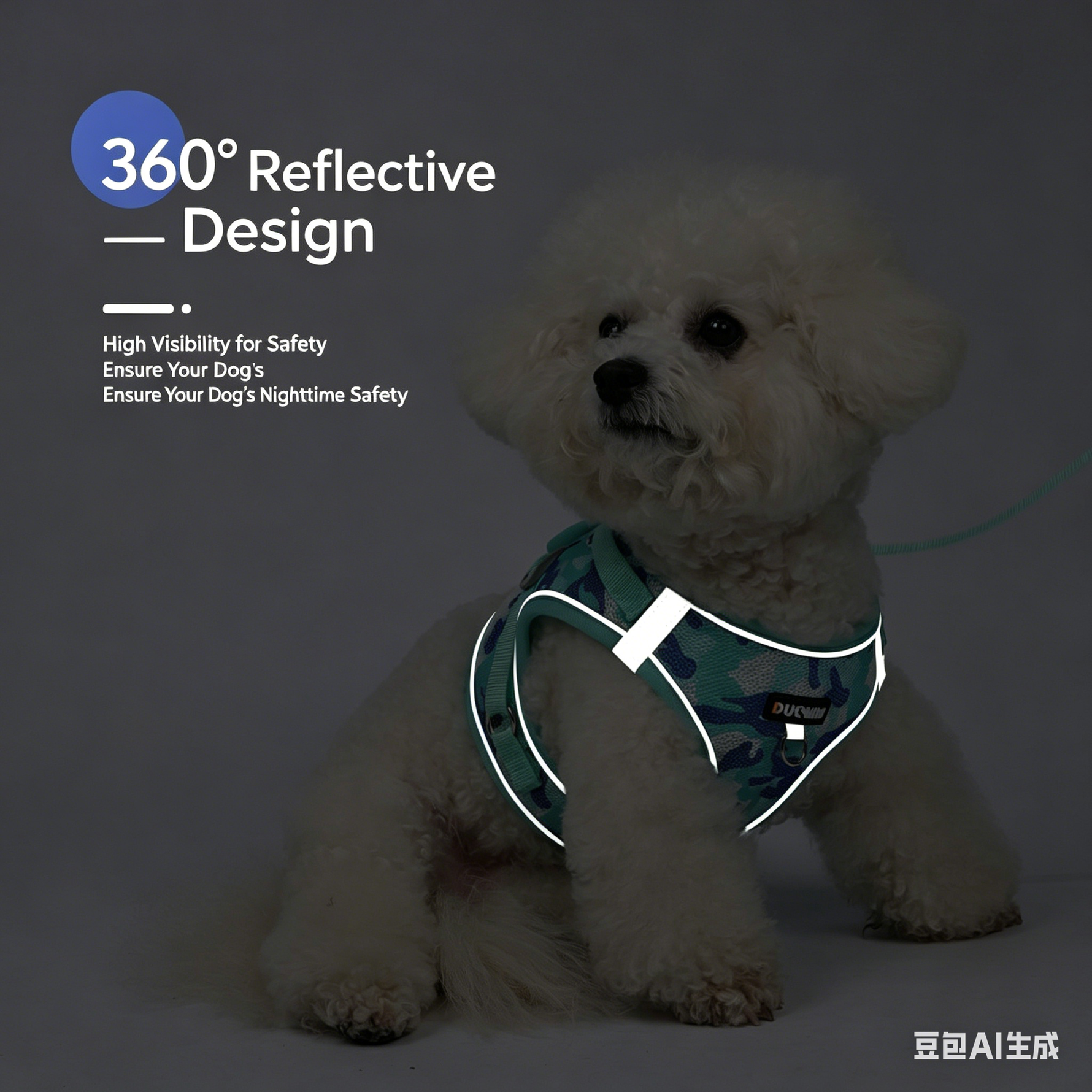 360° reflective camouflage dog harness on a small white dog with leash