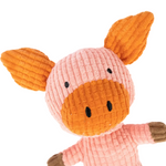 Plüsch-Schwein-Spielzeug, Detailansicht: rosa Rippenstoff, orange Schnauze, schwarze Augen