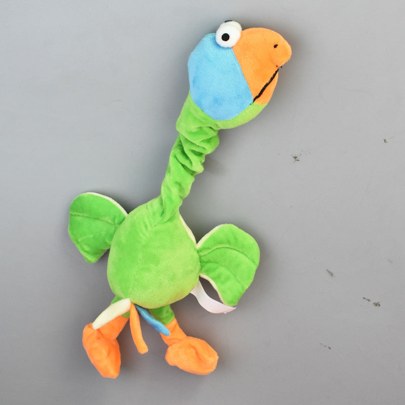 Plush bite-resistant dog toy with squeaker; green long worm with blue and orange face.