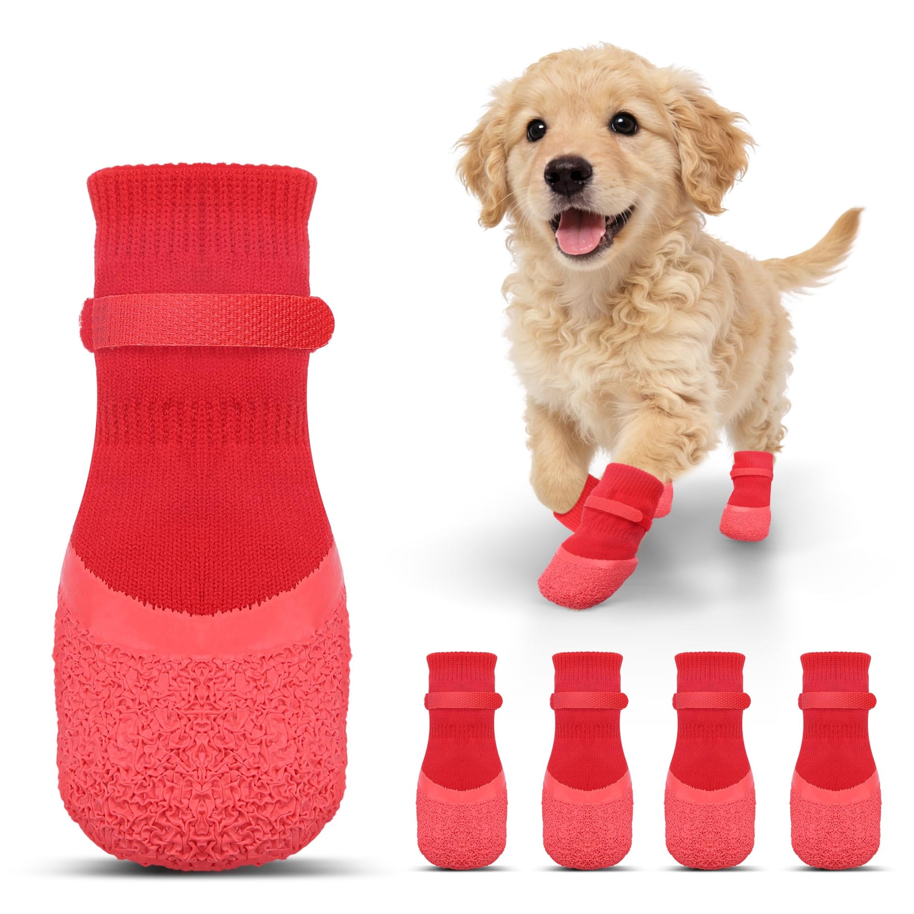 Red anti-slip dog socks with textured non-slip sole pattern and elastic cuffs.