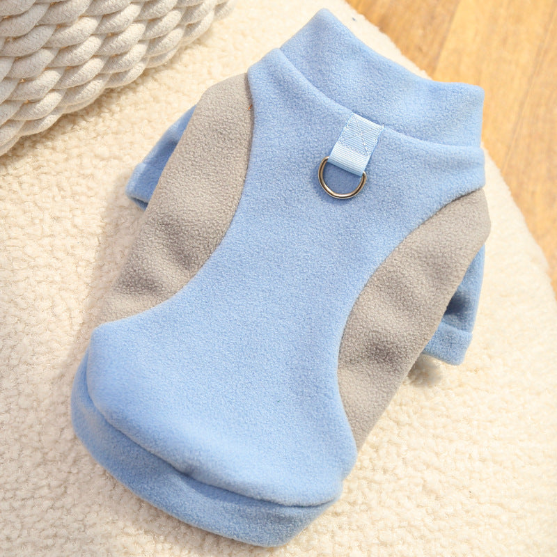 Fleece-lined pet sweater in light blue with light gray side panels and front D-ring leash strap
