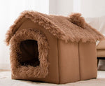 Brown enclosed pet house bed with faux-fur trim and arched door opening