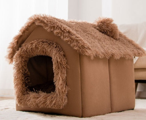 Brown enclosed pet house bed with faux-fur trim and arched door opening