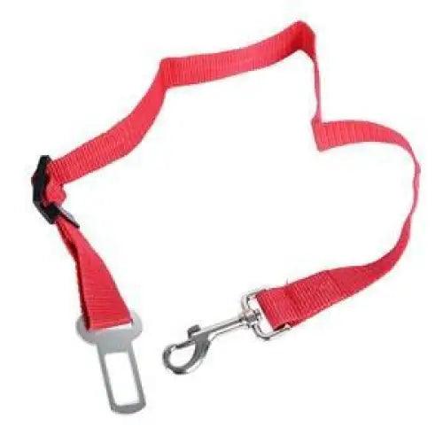 Adjustable pet car seat belt with red strap, clasp hook, and side release buckle