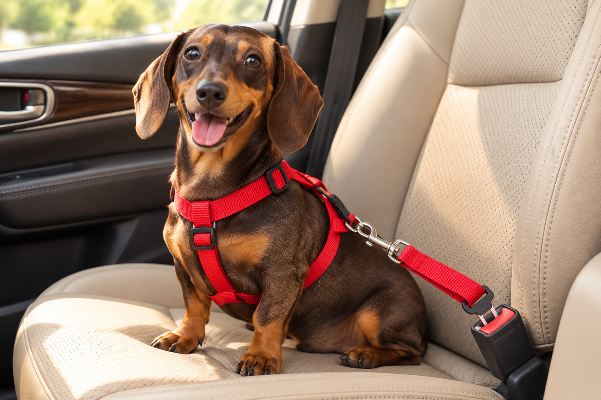 Adjustable pet car seat belt with red padded harness straps and metal buckle