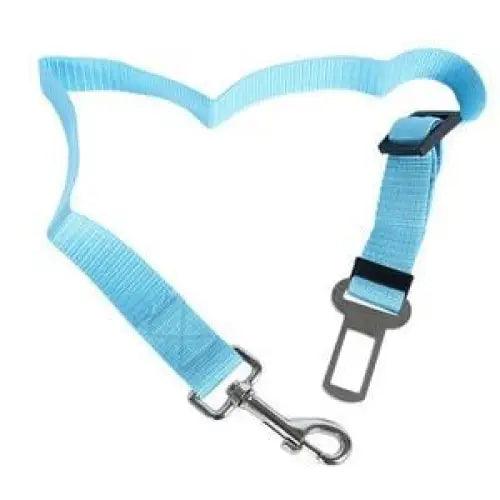 Adjustable pet car seat belt strap with metal clip and buckle, blue webbing