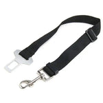 Adjustable pet car seat belt with black strap and plastic anchor end