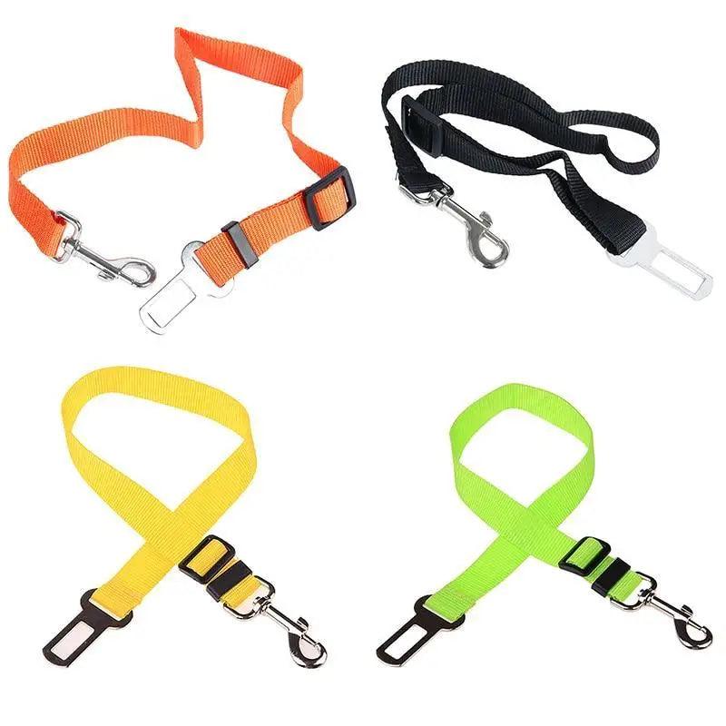 Adjustable pet car seat belt set with multiple color straps, buckles, and metal clips