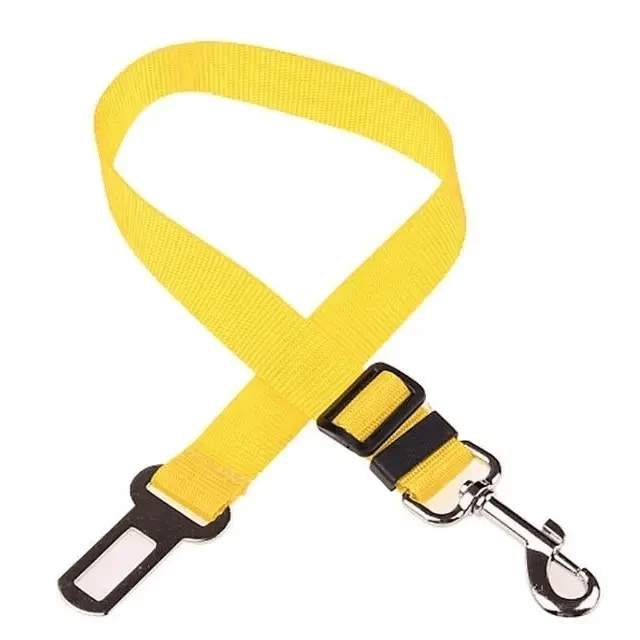 Adjustable pet car seat belt with yellow strap, black adjuster buckle, and metal clasp