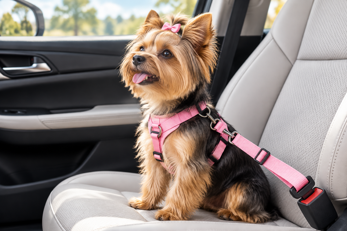 Adjustable pet car seat belt with pink bow detail and adjustable strap buckle