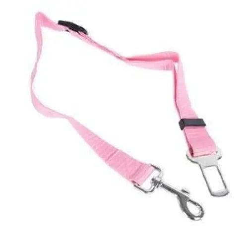 Adjustable pet car seat belt with pink strap and metal safety clasps