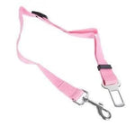 Adjustable pet car seat belt with pink strap and metal safety clasps