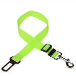 Adjustable pet car seat belt with lime green strap and black adjuster buckle