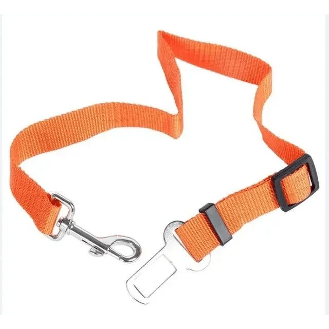 Adjustable pet car seat belt strap with metal hook and buckles, orange webbing