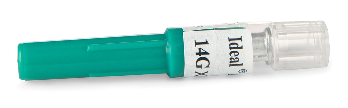 Single hypodermic needle with plastic hub labeled 14G x 1 1/2