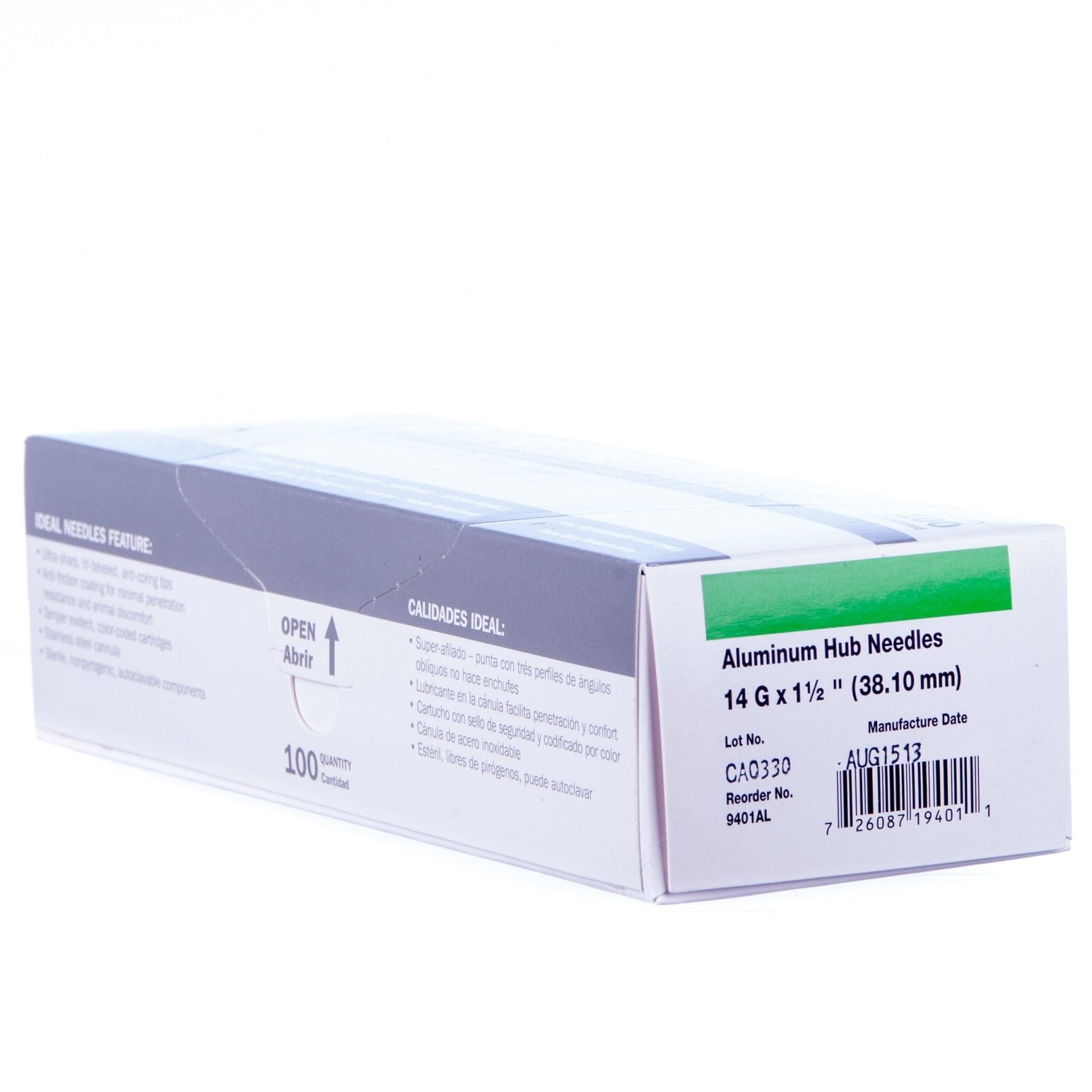 Aluminum hub needles box labeled 14G x 1 1/2 (38.10 mm), 100 pcs