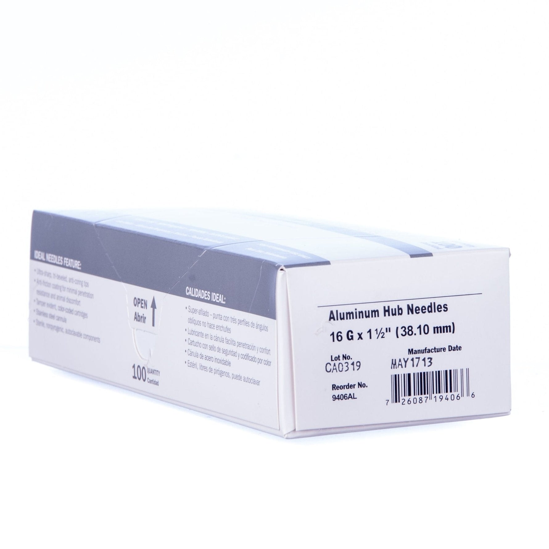 Aluminum hub needles box labeled 16G x 1 1/2 (38.10 mm), 100 pcs