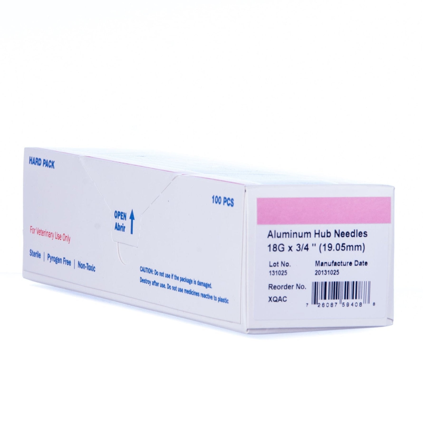 Aluminum hub needles box labeled 18G x 3/4 (19.05 mm), 100 pcs