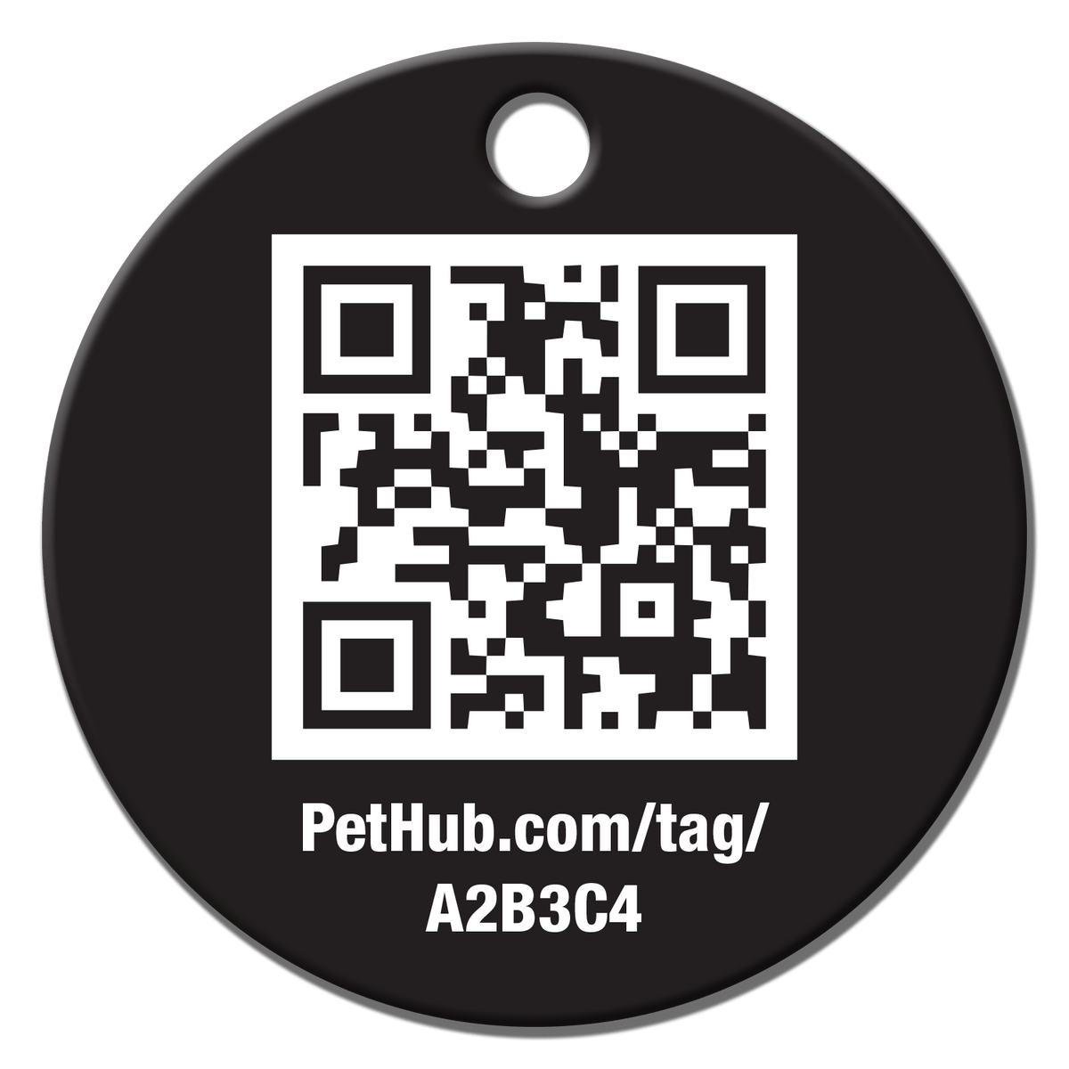 Black round QR pet ID tag with PetHub.com/tag/A2B3C4